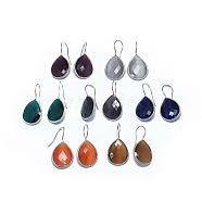Cat Eye Dangle Earrings, with Brass Findings, teardrop, Faceted, Dyed & Heated, Mixed Color, Platinum, 39~44x20.5x6mm, Pin: 0.8mm(EJEW-L228-11P)