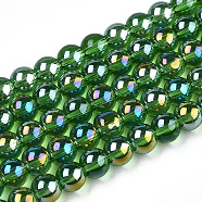 Electroplate Transparent Glass Beads Strands, AB Color Plated, Round, Green, 4~4.5mm, Hole: 0.8mm, about 97~99pcs/strand, 14.76 inch~14.96 inch(37.5~38cm)(GLAA-T032-T4mm-AB07)
