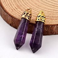 Bullet Natural Amethyst Pendants, with Golden Tone Alloy Findings, 34~36x8~9mm, Hole: 3x2mm(G-E332-B09)