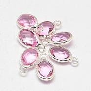 Oval Faceted Silver Color Plated Brass Glass Charms, Flamingo, 12x7x3.5mm, Hole: 1mm(GLAA-O015-01S)