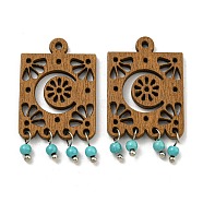 Laser Cut Poplar Wood Pendants Rectangle Charms with Dyed Synthetic Turquoise, Peru, 37x21x2.5mm, Hole: 2mm(FIND-G073-07)