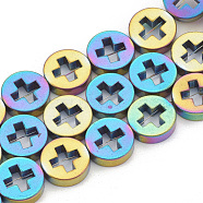 Electroplate Non-magnetic Synthetic Hematite Beads Strands, Flat Round with Cross, Multi-color Plated, 10x3mm, Hole: 1mm, about 39pcs/strand, 15.3 inch(G-T061-107D)