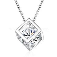 Silver Color Plated Brass Cubic Zirconia Cube Pendant Necklace, with Cable Chains, 18 inch(NJEW-BB00455)