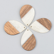 Opaque Resin & Walnut Wood Pendants, Teardrop, Floral White, 35.5x24.5x3mm, Hole: 2mm(X-RESI-S389-037A-C04)