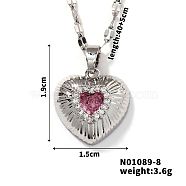 Brass Luxury Cubic Zirconia Heart Pendant Necklaces, Silver Color, Pink, 15.75 inch(40cm)(UV5875-5)