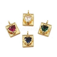 Rack Plating Brass Micro Pave Cubic Zirconia Charms, Long-Lasting Plated, Cadmium Free & Lead Free, Rectangle with Heart Charm, Real 18K Gold Plated, Mixed Color, 12x8x4mm, Hole: 1.4mm(KK-C013-04G)