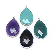 Glass Pendants, with Brass Findings, teardrop, Platinum, Mixed Color, 40x26x6.5mm, Hole: 1.8mm(G-E526-16)