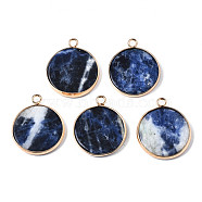 Natural Sodalite Pendants, with Golden Plated Brass Edge and Loop, Flat Round, 25x21x3.5mm, Hole: 2mm(G-Q998-010B)