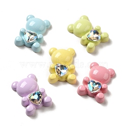 Opaque Resin Decoden Cabochons, Bear with Crystal Rhinestone Heart, Mixed Color, 29x21x8mm(CRES-P033-04)