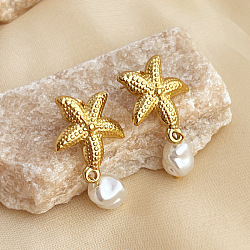 304 Stainless Steel Plastic Pearl Dangle Stud Earrings, Golden, Starfish, 37x19mm(EJEW-G422-01G-01)