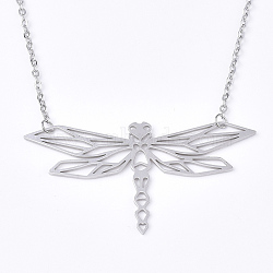 Non-Tarnish 201 Stainless Steel Pendant Necklaces, with Cable Chains, Dragonfly, Stainless Steel Color, 18.5 inch(47cm), 2mm, Dragonfly: 31.5x59.5x1mm(NJEW-T009-JN058-1-40)