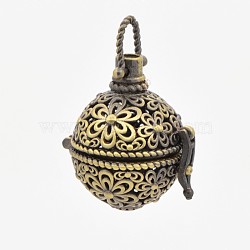 Vintage Filigree Round Brass Cage Pendants, For Chime Ball Pendant Necklaces Making, Antique Bronze, 35mm, 28x25x21mm, Hole: 6x6mm, 16mm inner diameter(KK-D389-13AB)