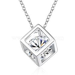 Silver Color Plated Brass Cubic Zirconia Cube Pendant Necklace, with Cable Chains, 18 inch(NJEW-BB00455)