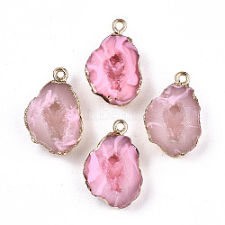 Druzy Geode Resin Pendants, with Edge Light Gold Plated Iron Loops, Nuggets, Flamingo, 25~26x15x7mm, Hole: 1.8mm(X-RESI-S383-066E)