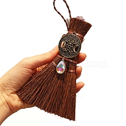 Natural Amethyst Witch Altar Broom Charm Ornament, Mane Broomstick for Magic Ceremonial, Halloween Wiccan Ritual, with Alloy Tree of Life & Glass Teardrop Charm, Clear AB, 145x85mm(PW-WG45CD3-05)