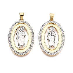 Brass Micro Pave Cubic Zirconia Pendants, Cadmium Free & Lead Free, Oval with Santa Muerte Charms, Real 18K Gold Plated, 32~32.5x20x2.5mm, Hole: 3~3.5x5~5.5mm(KK-T070-23G-01)