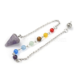 Chakra Natural Amethyst Hexagonal Pointed Dowsing Pendulums, with Platinum Tone Iron Chains, Cone Charm, Mixed Dyed and Undyed, 305mm, Pendant: 24~25.5x15.5x14.5mm(FIND-WH0144-05C)