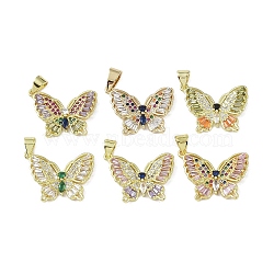 Brass Micro Pave Cubic Zirconia Pendants, with Glass, Real 18K Gold Plated, Butterfly Charms, Mixed Color, 15x22x3mm, Hole: 4x3mm(KK-P266-11G)