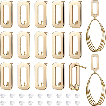 16Pcs Brass Rectangle Stud Earring Findings, with Vertical Loops and 40Pcs Plastic Ear Nuts, Real 18K Gold Plated, 15.5x7mm, Hole: 2.5mm, Pin: 0.8mm
