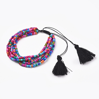 Adjustable Glass Seed Beads Braided Bead Bracelets, Multi-strand Bracelets, with Nylon Thread and Cotton Thread Tassel, Colorful, 1-3/4 inch~3-1/8 inch(4.4~7.9cm)