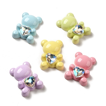 Opaque Resin Decoden Cabochons, Bear with Crystal Rhinestone Heart, Mixed Color, 29x21x8mm