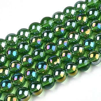 Electroplate Transparent Glass Beads Strands, AB Color Plated, Round, Green, 4~4.5mm, Hole: 0.8mm, about 97~99pcs/strand, 14.76 inch~14.96 inch(37.5~38cm)