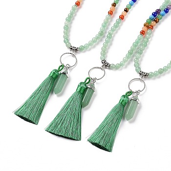 Natural Green Aventurine Bullet & Tassel Pendant Necklace with Mixed Gemstone Beaded Chains, Chakra Yoga Jewelry for Women, 25.98 inch(66cm)