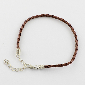 Trendy Braided Imitation Leather Bracelet Making, with Iron Lobster Claw Clasps and End Chains, Sienna, 200x3mm