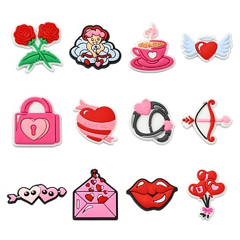 60Pcs 12 Styles Valentine's Day Theme PVC Cabochons, Mixed Shapes, Mixed Color, 11.5~30.5x23~34.5x3.5~4mm, 5pcs/style