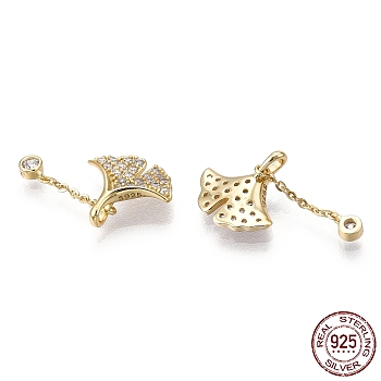 925 Sterling Silver Micro Pave Cubic Zirconia Charms, Ginkgo Leaf, Nickel Free, Real 18K Gold Plated, 16~17mm, Hole: 1.5mm