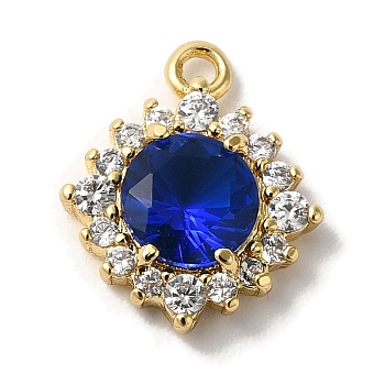 Brass Micro Pave Clear Cubic Zirconia Pendants, Real 18k Gold Plated, Rhombus, Royal Blue, 11.5x9.5x3mm, Hole: 1mm