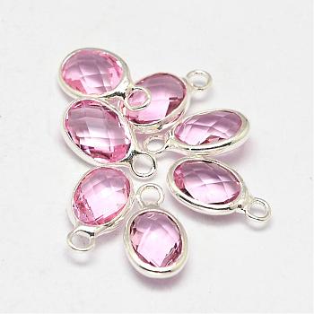 Oval Faceted Silver Color Plated Brass Glass Charms, Flamingo, 12x7x3.5mm, Hole: 1mm