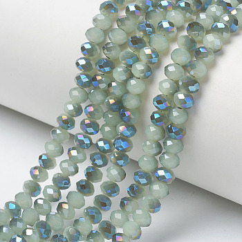 Electroplate Glass Beads Strands, Imitation Jade Beads, Half Plated, Blue Plated, Faceted, Rondelle, Dark Sea Green, 4x3mm, Hole: 0.4mm, about 123~127pcs/strand, 16.5~16.9 inch(42~43cm)