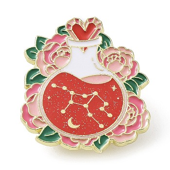 Flower Holy Vase Virgo Enamel Pins, Golden Zinc Alloy Brooch for Backpack Clothes, Constellation Theme Badge for Women, Red, 30x26mm