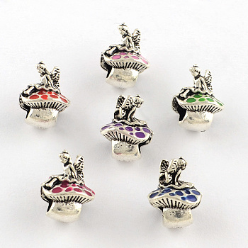 Antique Silver Plated Fairy and Mushroom Tibetan Style Alloy Enamel European Beads, Large Hole Beads, Mixed Color, 13~14x10~11x10mm, Hole: 5mm