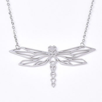 201 Stainless Steel Pendant Necklaces, with Cable Chains, Dragonfly, Stainless Steel Color, 18.5 inch(47cm), 2mm, Dragonfly: 31.5x59.5x1mm