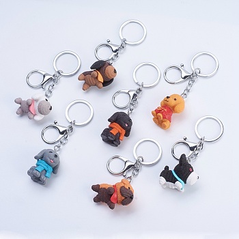 Iron Puppy Keychain, with Plastic, Dog with Scraf, Mixed Shapes, Platinum, Mixed Color, 104~112mm