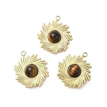 Natural Tiger Eye Boho Pendants, 304 Stainless Steel Vortex Charms, Golden, 19.5x17x4.5mm, Hole: 1.6mm