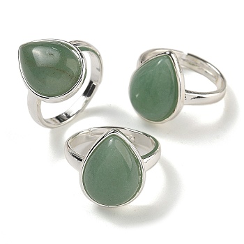 Natural Green Aventurine Teardrop Adjustable Rings, Lead Free & Cadmium Free, Silver Plated Brass Finger Rings for Women Men, Teardrop: 18.5x14mm, Inner Diameter: 18mm