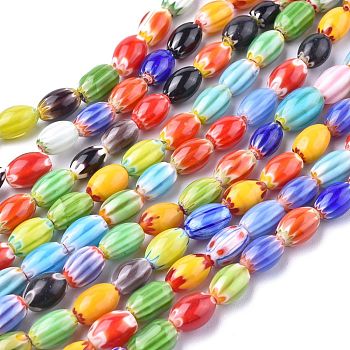 Oval Handmade Millefiori Glass Beads Strands, Mixed Color, 12x7.5mm, Hole: 1.5mm, about 32pcs/strand, 14.9 inch