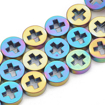 Electroplate Non-magnetic Synthetic Hematite Beads Strands, Flat Round with Cross, Multi-color Plated, 10x3mm, Hole: 1mm, about 39pcs/strand, 15.3 inch