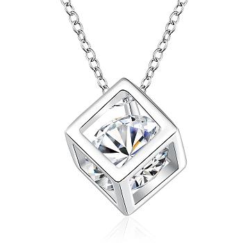 Silver Color Plated Brass Cubic Zirconia Cube Pendant Necklace, with Cable Chains, 18 inch