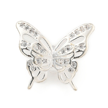 Brass Cubic Zirconia Beads, Long-Lasting Plated, Lead Free & Cadmium Free, Butterfly, Silver, 15x17x8mm, Hole: 3mm