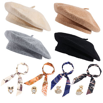 Women's Costume Accessories Kits, Including French Beret, Owl Swan Alloy Glass Rhinestone Brooches, Printed Polyester Scarves, Mixed Color, 16~910x10.5~270x0.2~6mm, Inner Diameter: 137mm