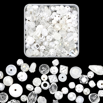 100G Acrylic Beads, Mixed Shapes, White, 5.5~28x6~20x3~11mm, Hole: 1~5mm