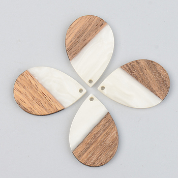 Opaque Resin & Walnut Wood Pendants, Teardrop, Floral White, 35.5x24.5x3mm, Hole: 2mm
