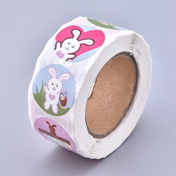 Easter Stickers, Adhesive Labels Roll Stickers, Gift Tag, for Envelopes, Party, Presents Decoration, Flat Round, Colorful, Rabbit Pattern, 25mm, about 500pcs/roll