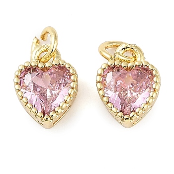 Real 18K Gold Plated Brass Inlaid Cubic Zirconia Charms, with Jump Ring, Long-Lasting Plated, Heart, Pink, 8.5x7x4mm, Jump Ring: 4x0.5mm, 2.5mm Inner Diameter