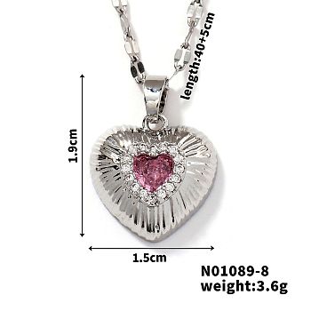 Brass Luxury Cubic Zirconia Heart Pendant Necklaces, Silver Color, Pink, 15.75 inch(40cm)