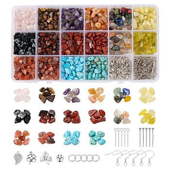 DIY Mixed Stone Chip Beads Jewelry Set Making Kit, Including Natural & Synthetic Mixed Stone Chip Beads, Alloy Pendant & Bead, Brass Earring Hook & Jump Ring, Copper Wire, Iron Pin, Crystal Thread, Stone Chip Beads: 192g/set